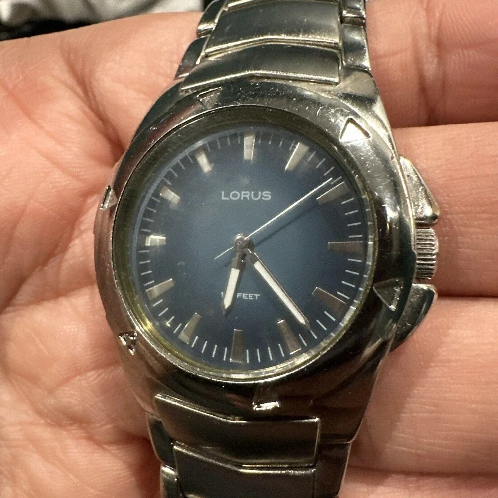 Working Mens LORUS Watch Blue Dial Silver Steel Band 36mm 100FWR For Small Wrist